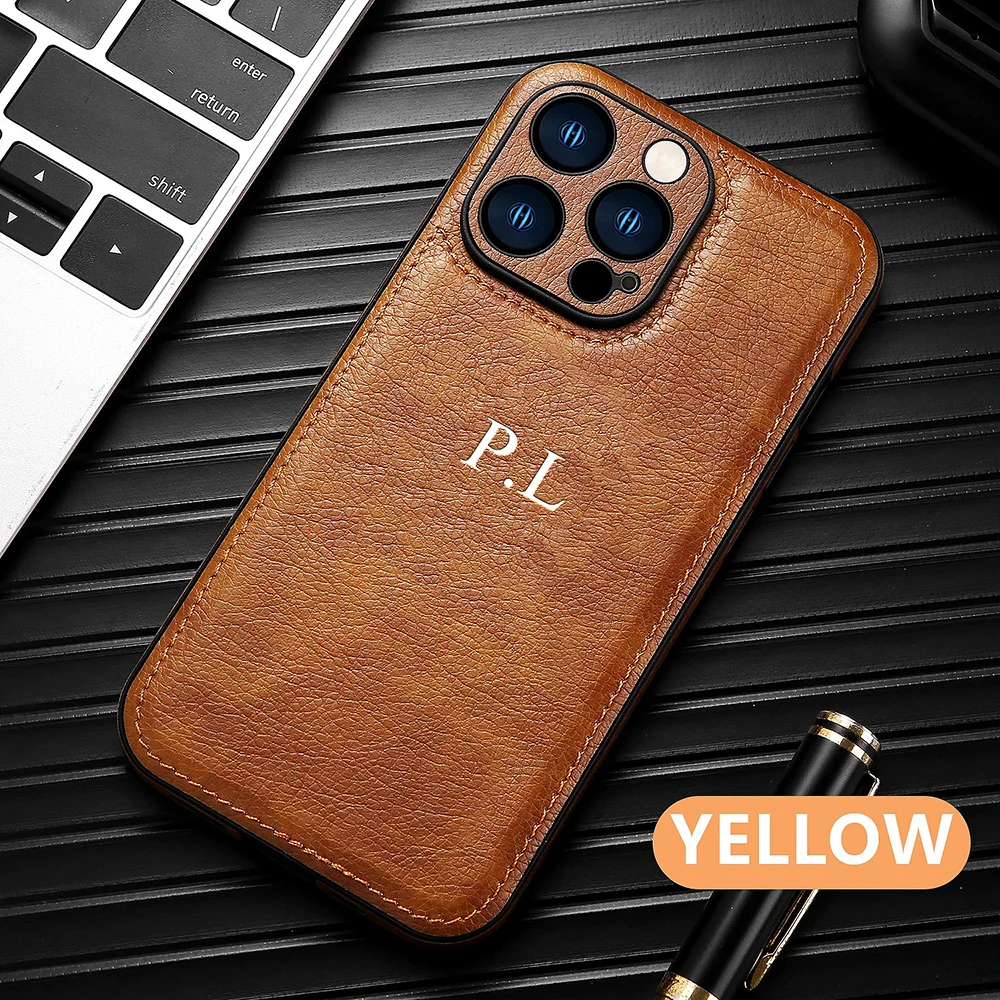 DIY Engraved Personalized Name Classic Leather Case For iPhone 16 15 14 13 12 11 Pro Max Luxury Customized Initials Cover 15 Pro