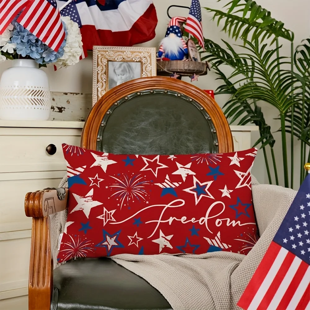 1pc Freedom Red Background Stars and Stripes Lumbar Pillow Cover,Suitable for Sofa,Bedroom,Living Room,Patriotic Decor