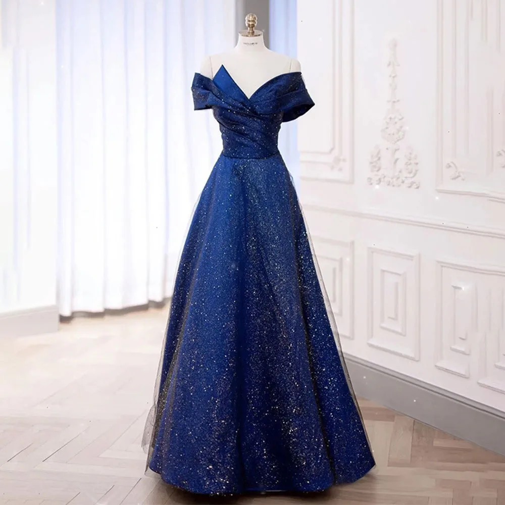 

Elegant Satin Evening Dress Women French Style Off Shoulder Formal Banquet Gown Sparkling A-line Long Cocktail Party Vestido
