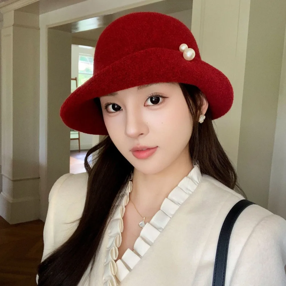 British Style Retro Wool Blend Fedoras Hat Curled Brim Pearl Hepburn Style Topper Hat Elegant French Style Women Formal Hat Girl