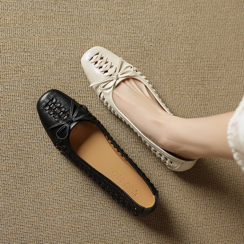 2026 new summer women sandals natural leather 22-25cm weave sheepskin+pigskin hollow-out butterfly-knot women shoes fashion