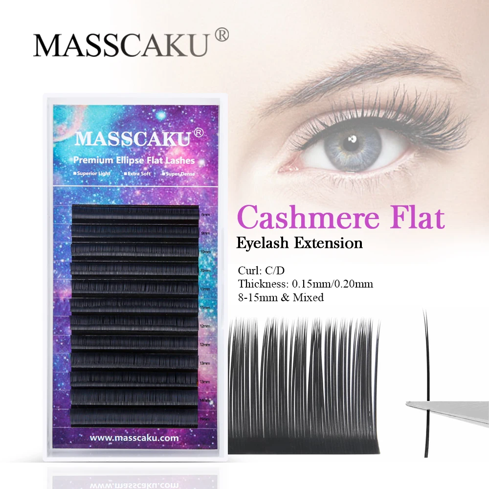 

Private Label MASSCAKU 0.15/0.20 Thickness Matte Black Cashmere Flat Eyelash Extensions Double Split Tips Individual Lashes