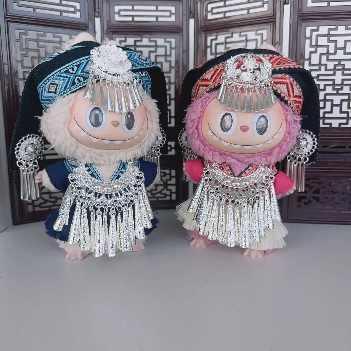 Traditional Miao Ethnic Full Outfit Set Silver Headdress for 17cm Labubu Doll Vintage Folk Costume DIY Doll Accessories Kit 1