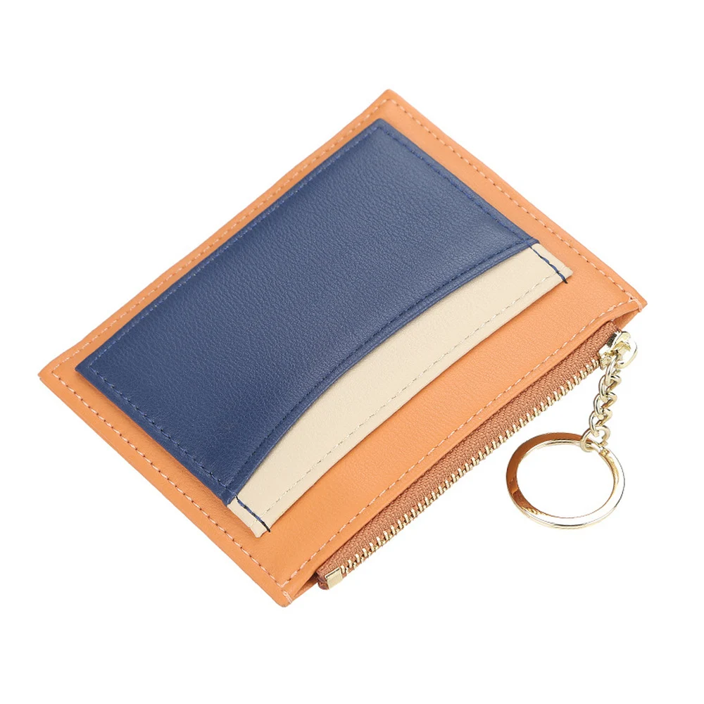 CFUN YA Unisex PU Coin Purse Card Holder Slim Color Block Design with Zipped Pocket Card Slots Clear ID Window and Key Ring