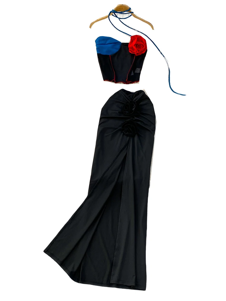 Vaion Sle ort Color Blo 3D Flower Ne Hanging Tube Top + утягивающая длинная юбка с высокой талией и разрезом, женская мода