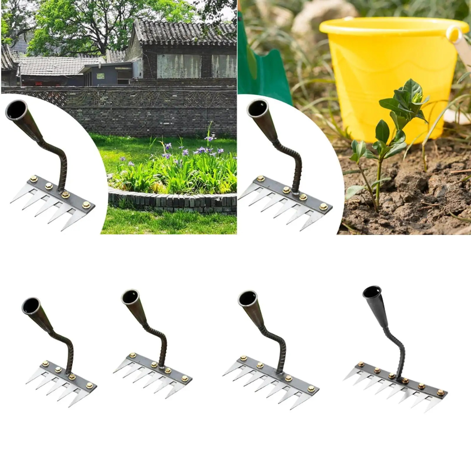 Garden Rake Steel Heavy Duty Rust Resistant Ergonomic Handle Remover Weed Puller Tool for Yard Farm Gardening Lawn Mulching