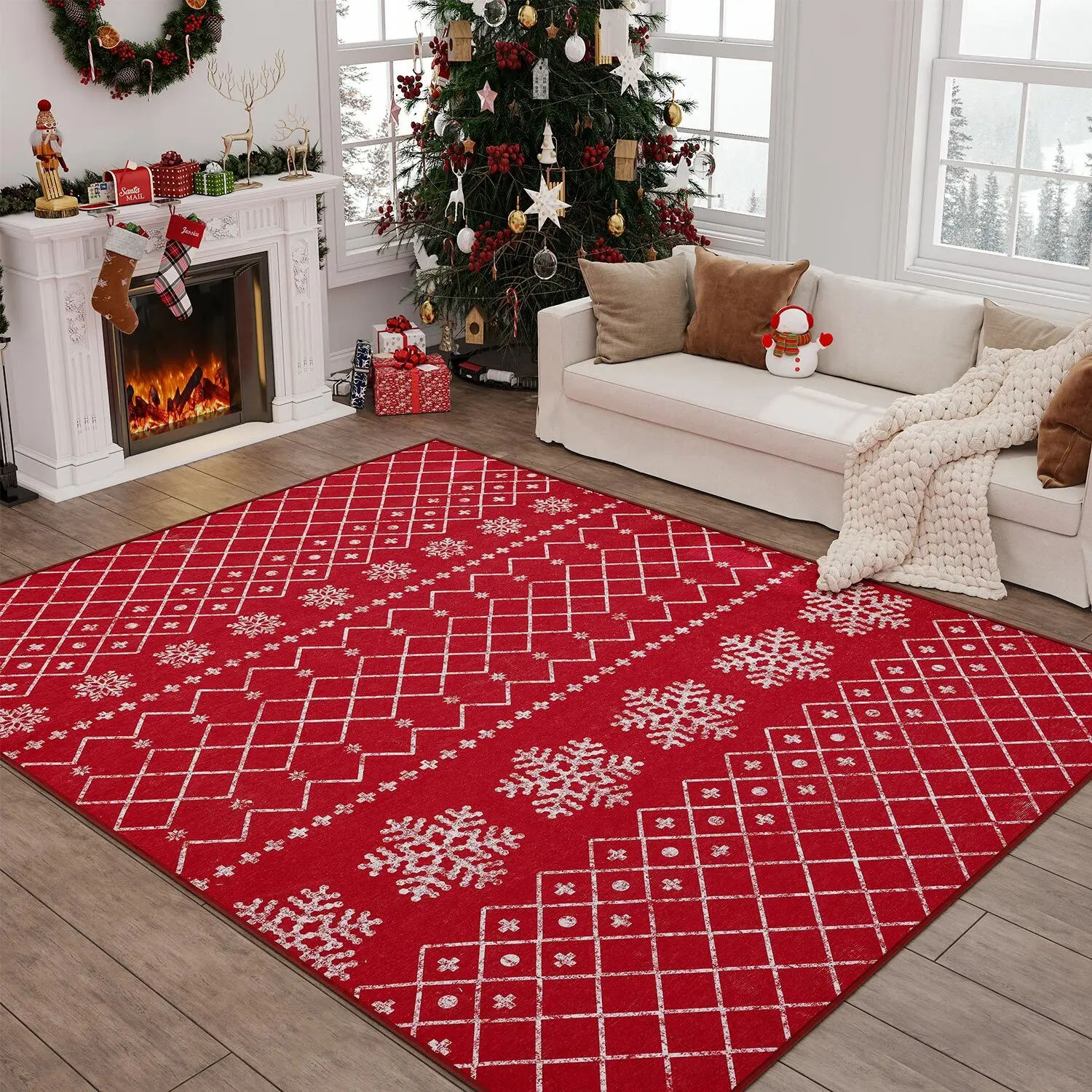 RUGKING Christmas Area Rug for Livingroom Red Decor NEW YEAR Mat Snowflakes Rug Non-Slip Xmas Indoor Rug for Bedroom