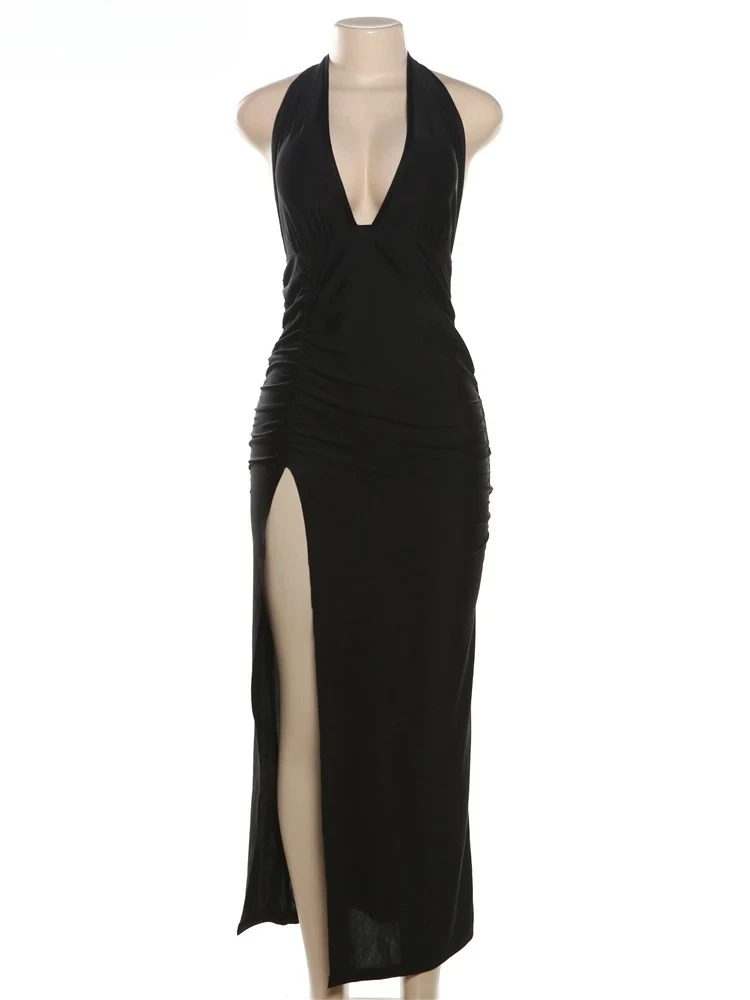 ホルターバックレスドレス女性の夏のトレンドエレガントなサイドスプリットディープ V ネックロングボディコンミッドナイトパーティーシャーリング Vestidos