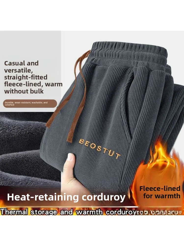 Men's Corduroy Leisure Pants Thickened Fleece Loose Straight Leg Anti-Cold Winter Fashionable All-Match Warmth Providing Long...