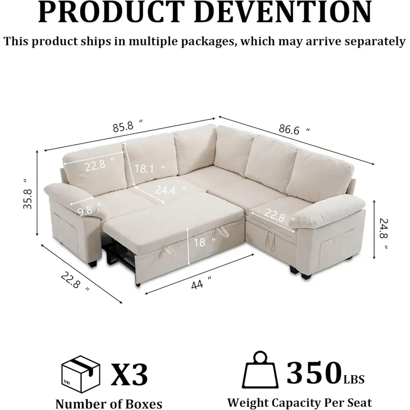 85 Modular Sectional Sleeper Sofa L Shape Pull Out Sofa Bed with Storage
