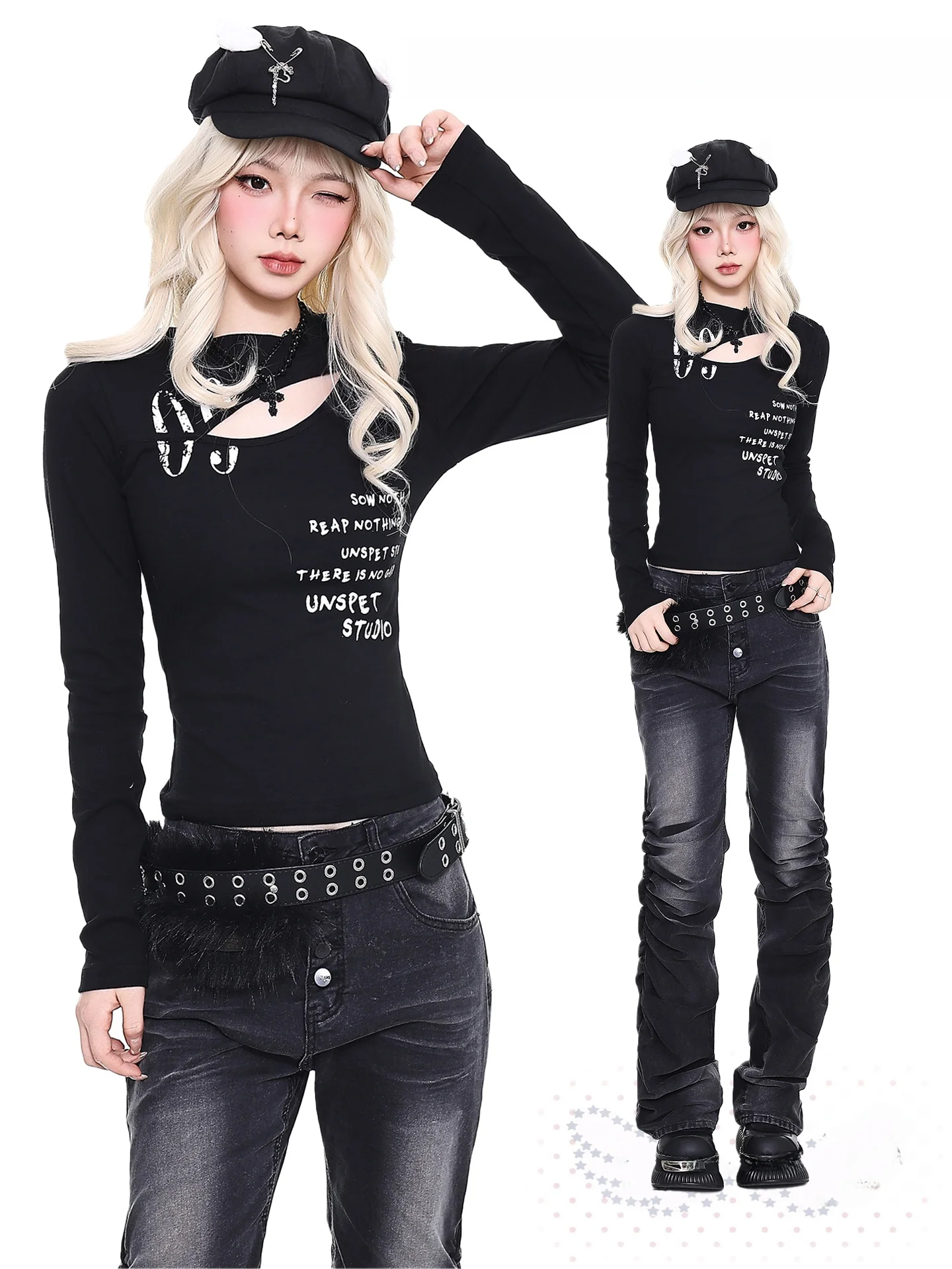 

Slim Fit Long Sve T-irt Women's Spring Casual Waist Cinching Punk Orange JuiceYO Bla T-irt Hot Girl Top Streetwear