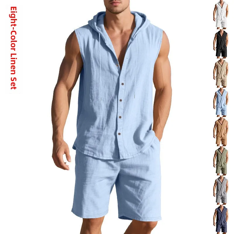 

Летний комплект из льняной рубашки и шорт для мужчин, повседневный унисекс-костюм без рукавов с капюшоном, идеально подходит для летнего сезона