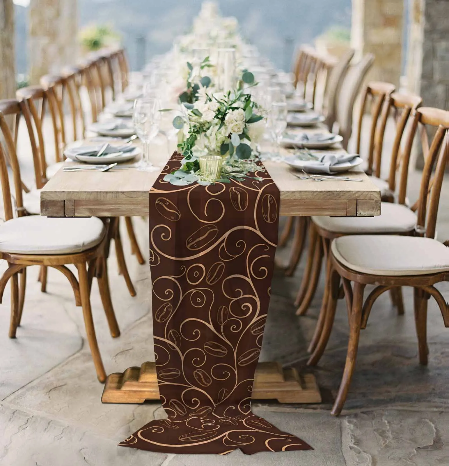

Vintage Style Farmhouse Coffee Pattern Sheer Chiffon Table Runner Wedding Party Birthday Tulle Voile Tablecloth