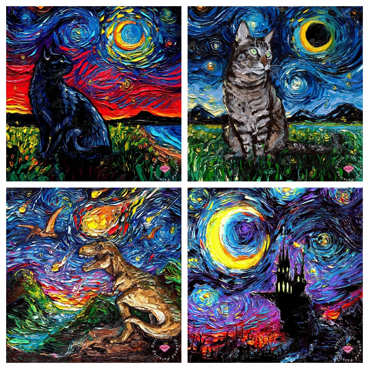 

Haunt of Van Gogh 5D DIY Diamond Painting Black Cat Night Jurassic Rhinestone Embroidery Cross Stitch Kits Bedroom Home Decor