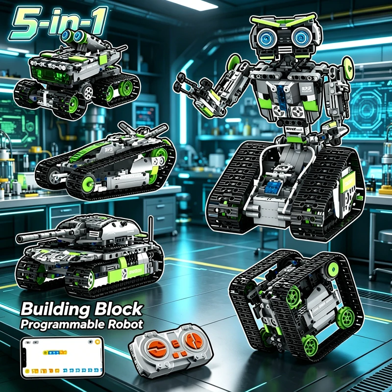 

5 in 1 Building Blocks Programmable Robot Remote Control Car Tank Toy Educational DIY Assembly Puzzle Brick Toys for Adults Gift
