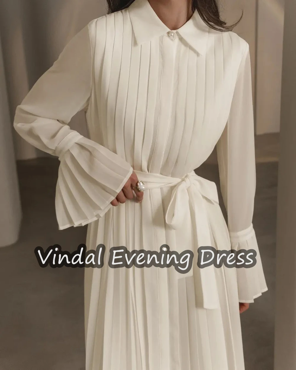 Vindal Scoop Neckline A-Line Evening Dress Tea Length Chiffon Elegant Built-in Bra Saudi Arabia Long Sleeves For Woman 2024