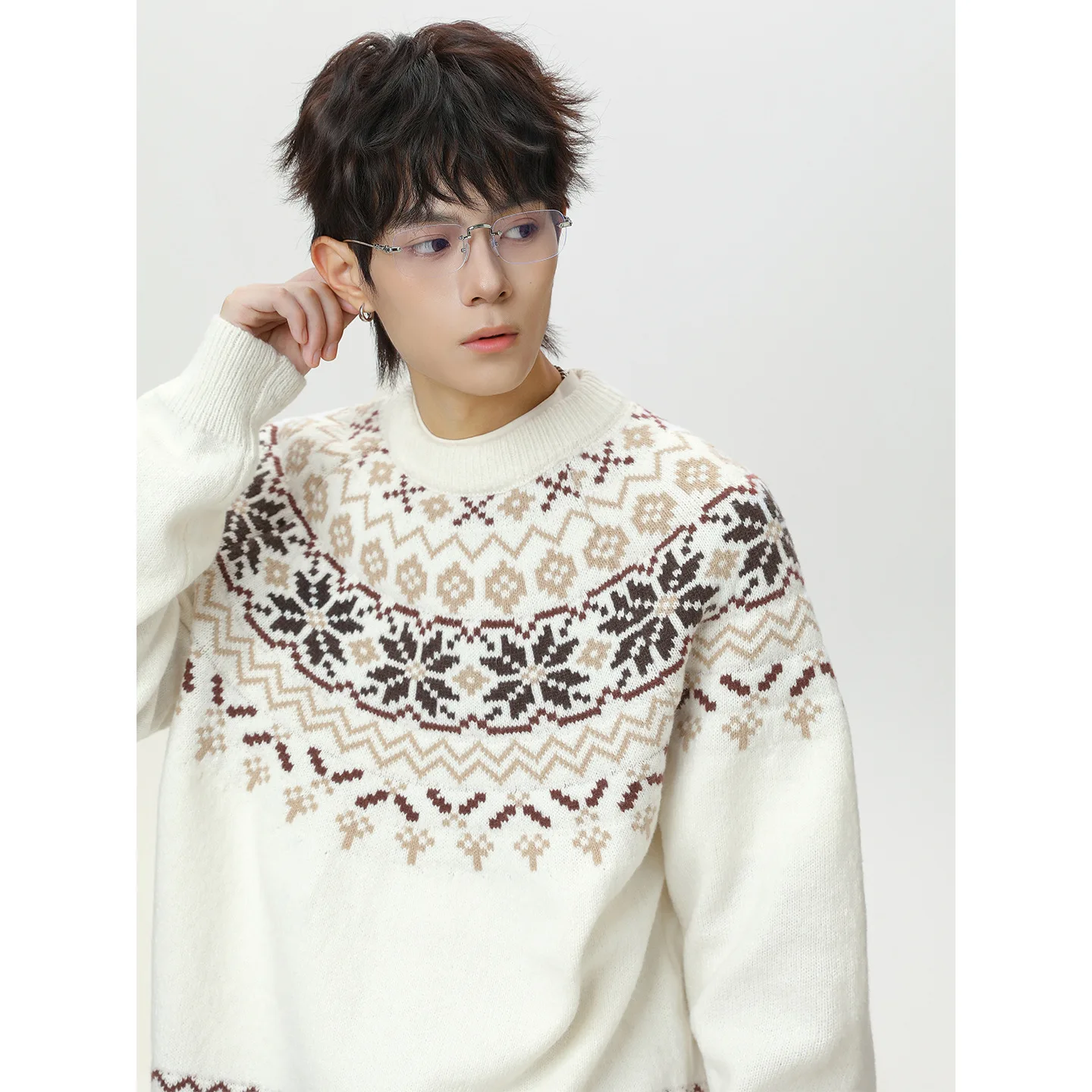 2025 Autumn Winter New Men's Sweater Retro Textured Crewneck Versatile Pullover Knitting Sweater Outerwear