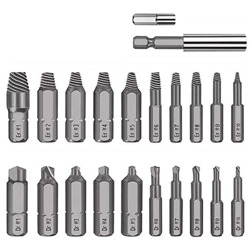 

22PCS Damage Screw Bolt Extractor Out Drill Bit Set With Extension Bar Ex#1-Ex#10 Hand men Broken Bolt Stud Removal Tool