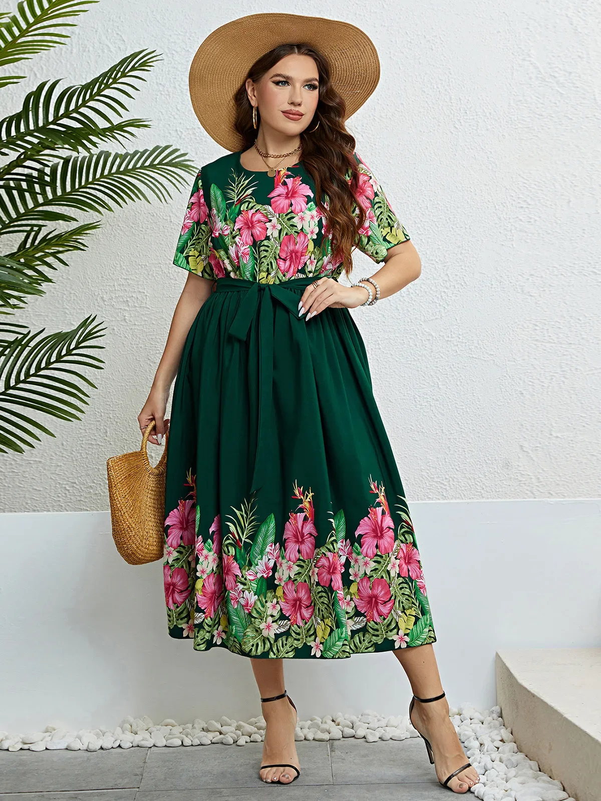 Plus Size Womne Dress Crew Neck Floral Print Patchwork Female Robe A-Line Color Block Short Sleeves Lady Waist Belt Summer Gown