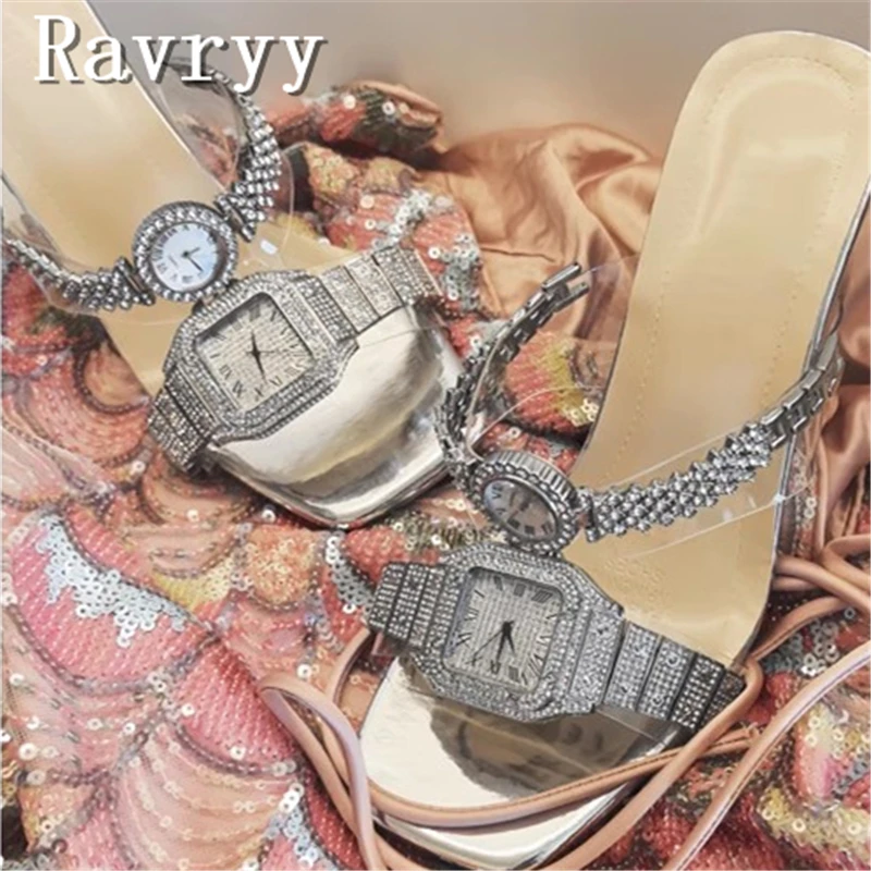 

Innovative Design Rhinestone Watch High Heel Slippers Women Summer New Fashion Square Toe Crystal Heel Sandals
