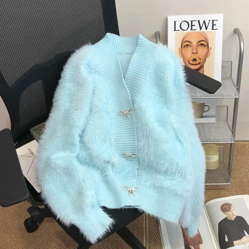 

Elegant Women Sweaters Faux Mink Hair Knitted Cardigan Bow Button Long Sleeve Loose Spring Autumn Female Knitwear Coats