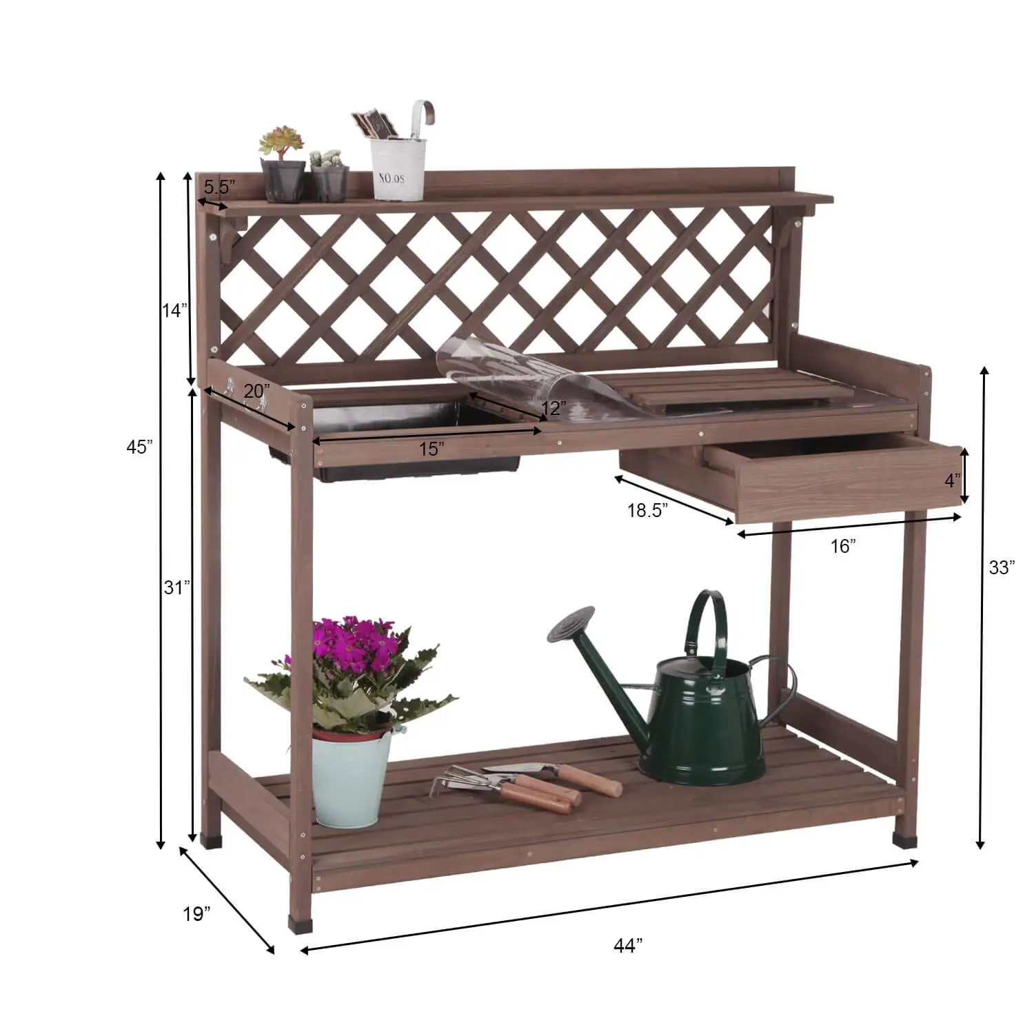 Potting Bench with PVC Layer, Sink, Lid, Gardening Work Bench Wooden Planting Table Outdoor with Storage, Drawer, Shelf