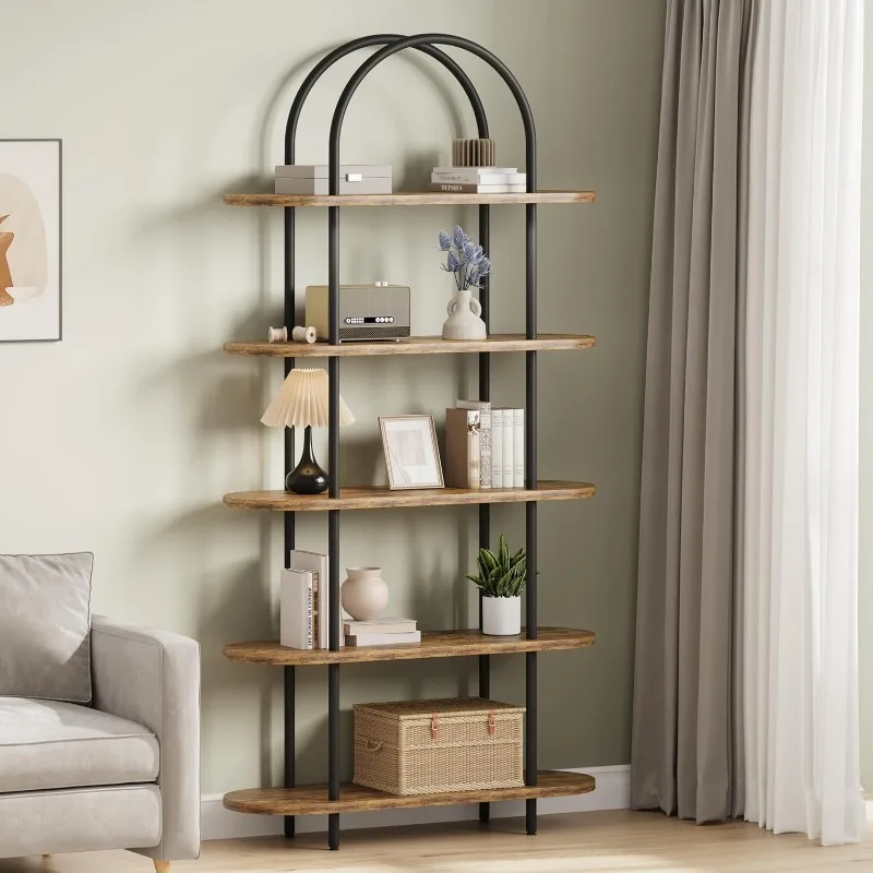 

71" Arched Bookshelf 5 Tier Bookcase Open Bookshelf with Metal Frame Plant Stand Freestanding Display Rack Tall Shelving for Bed