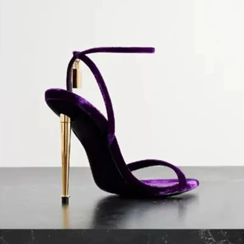 

Purple velvet Padlock Decoration Sandals Gold Metal high heels Open Toe Women Summer sexy banquet Cutout Sandalias Shoes