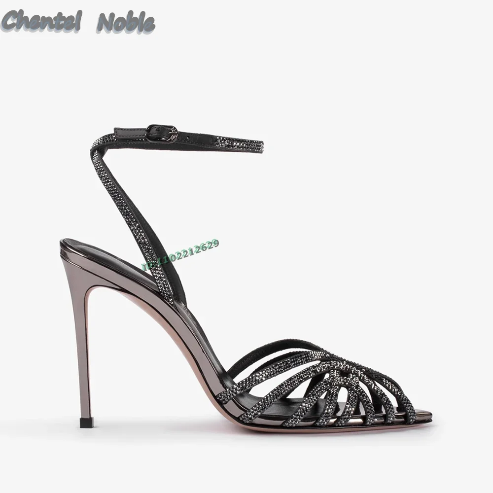 Rhinestones Strap Pointed Peep Toe Sandals Thin High Heels Ankle Strap Buckle Women Stiletto 2024 New Summer Shoes Luxury Dress