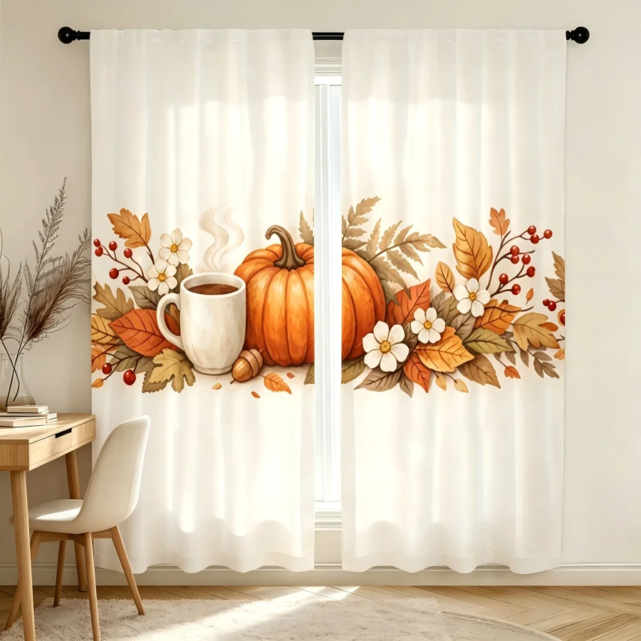 2PCS Digital Print Curtain, Coffee Brown Pumpkins Pattern, Autumn Harvest Warm Rustic Farm Style for Living Room Bedroom Decor