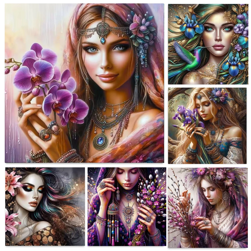 

Beautiful Orchid Flowers Woman 5D Diy Diamond Painting Full Square Round Drills Cross Stitch Kits Mosaic Diamond Embroidery Art
