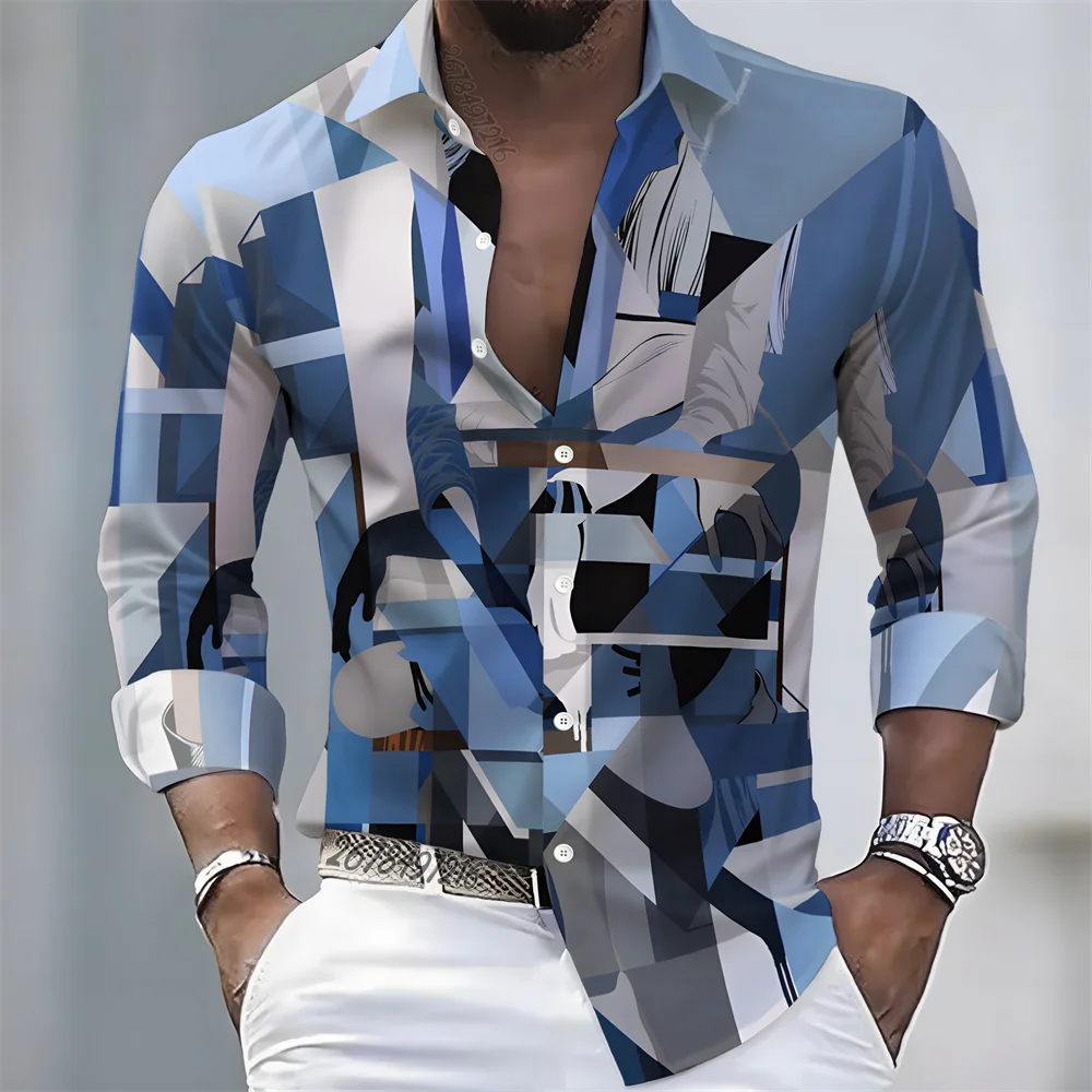 Men's Shirt Houndstooth Plaid Patchwork Mixed Print Long Sleeve Button‑Down Top Retro Vacation Street Mens Clothing