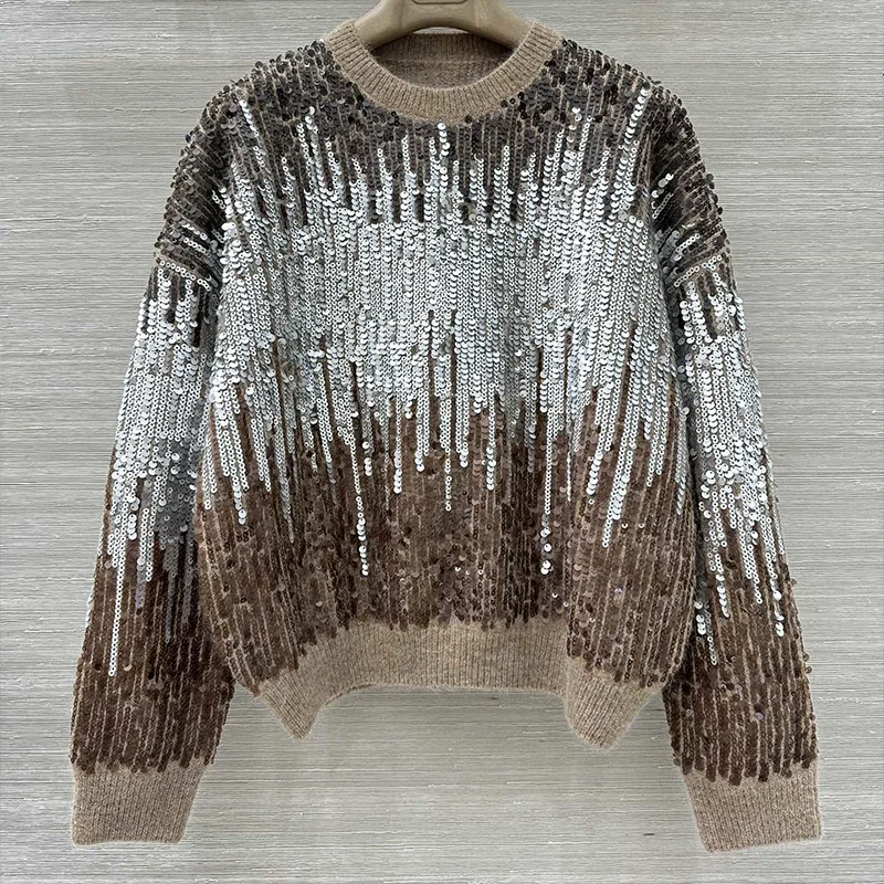 

High-quality women's gradient sequin round-neck pullover with a brilliant and dazzling appearance Fashionable Top sweater2592531