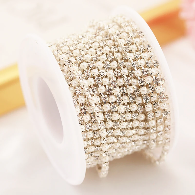 2mm 3mm 10yards Gold Perle Strass Tasse Kette Glas Dense Strass ABS Perle Kette Trim Bekleidung Tasse kette Für Bekleidung