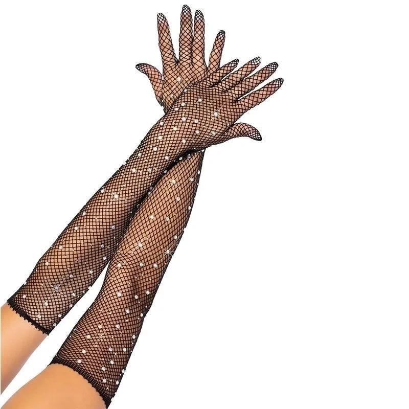 European and American Fashion Flash Diamond Mesh Bouncing Retro Mesh Black Elastic Colored Diamond Long Gloves