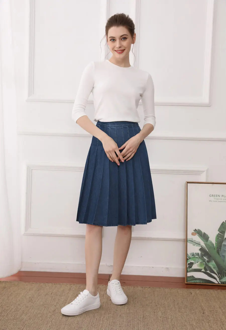 Fashion 2023 woman clothes pure colour pleated skirt cover knee lady skirts