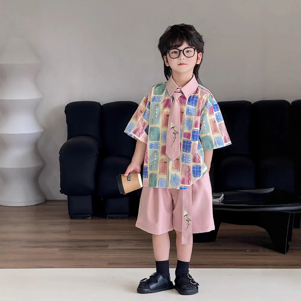 Boys Suit 2026 Spring and Summer New Childrens Wear Boys Baby Holiday Casual Short-sleeved Shirt Tie Shorts Three-piece Set