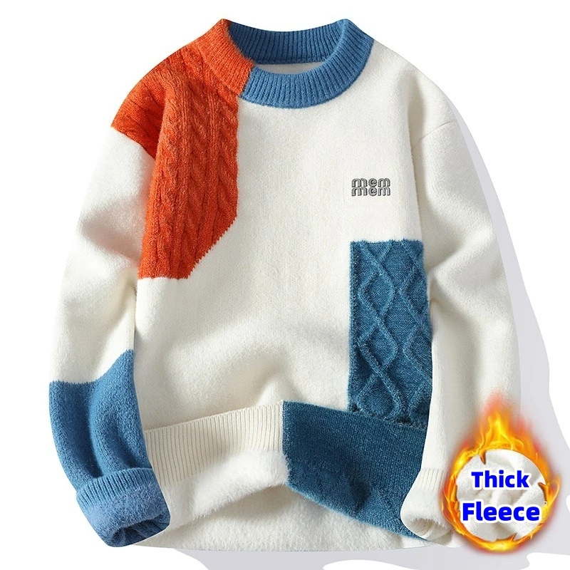 

Молодежные вязаные свитера, мужские лоскутные свободные уличные топы, высококачественные повседневные теплые зимние вязаные пуловеры с круглым вырезом из бархатов