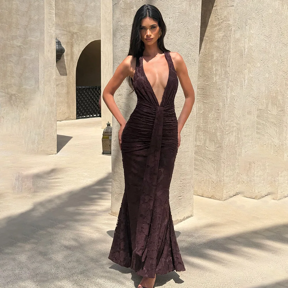 

SKMY 2025 Sexy Deep V Neck Open Back Wrapped Hip Fishtial Dress New Lace-Up Pleated Spicy Girl Long Dresses Party Club Outfits