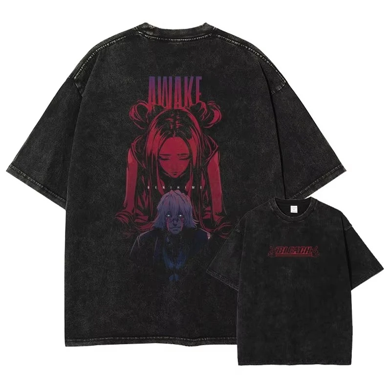 Bleach Vintage Anime Graphic Washed Cotton T‑shirt Unisex Loose Short Sleeve Harajuku Streetwear Casual Tops