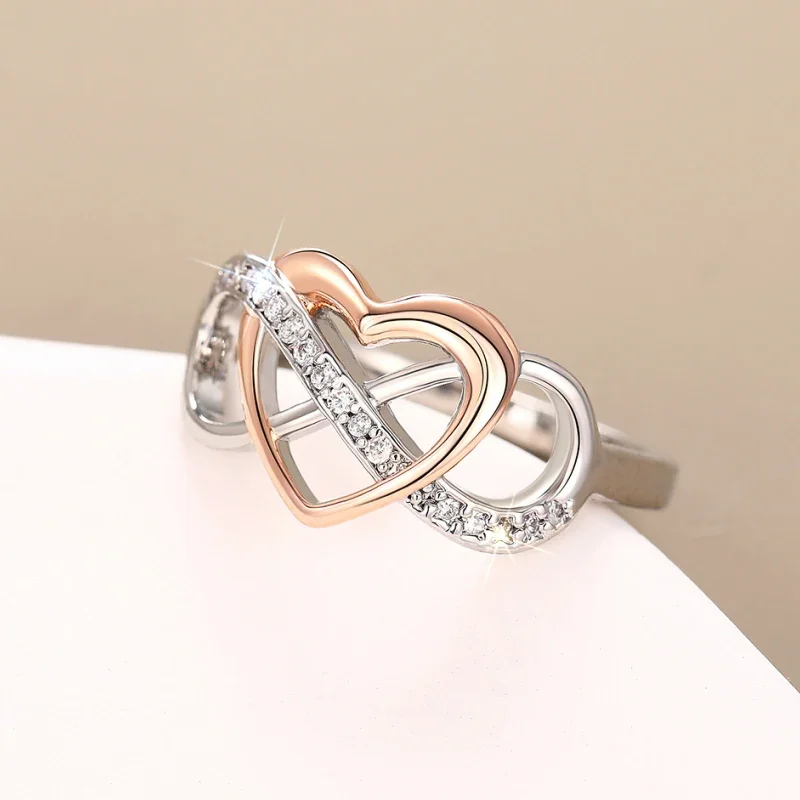 Huitan Unique Infinity Sign and Heart Designed Rings for Women Trendy Love Shiny Finger Accessory Chic Two-tone Wedding Jewelry