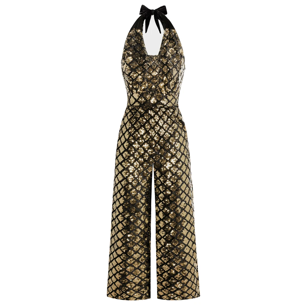 Bp Dames Jumpsuit Met Lovertjes Sprankelende Taille Rugloze Halternek Sexy Cocktail Mode Danskleding Feest Glanzende Jumpsuit