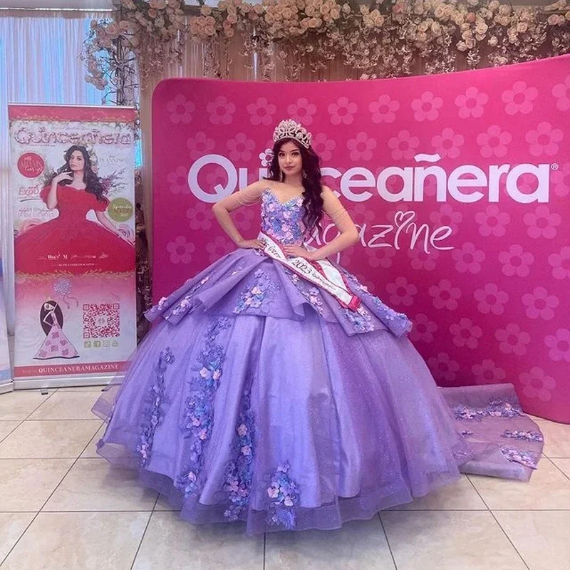 Robe de Rhviolette à col en V, robes de Quinceanera, appliques de fleurs 3D, robe de soirée, Rhéducatif