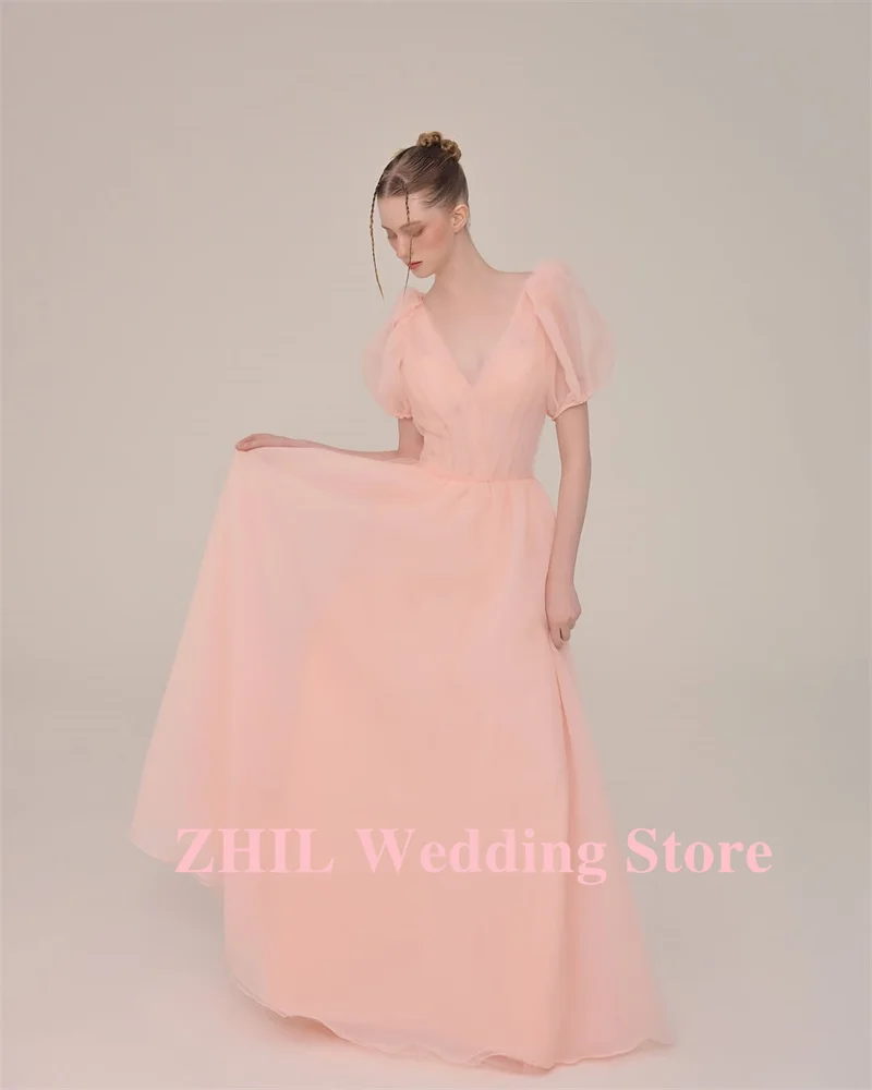 ZHIO V-образным вырезом и пышными короткими рукавами, свадебные платья, корейские вечерние платья для фотосессии, сказочные вечерние платья из органзы, вечерние платья по индивидуальному заказу