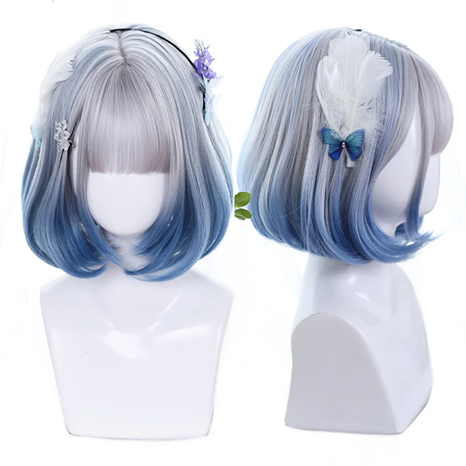 HOUYAN synthesis Short bob hair straight hair Silver gradient blue female role play Lolita wig bangs Heat resistant party wig