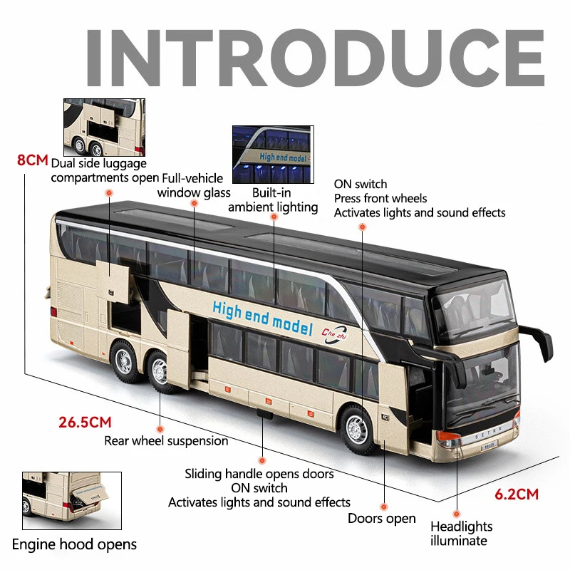 Alloy Bus Model with Lights & Sounds, Openable Doors/Trunk/Engine Hood, Realistic Engine Sounds with 3-Switch,8 Action Figures