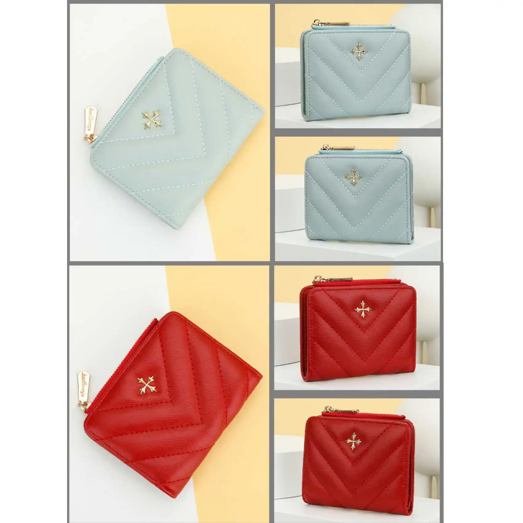 Cross Pattern Zipper Button Women's Short Wallet Fashion Quilted PU Leather Coin Purse Multi-Card Holder