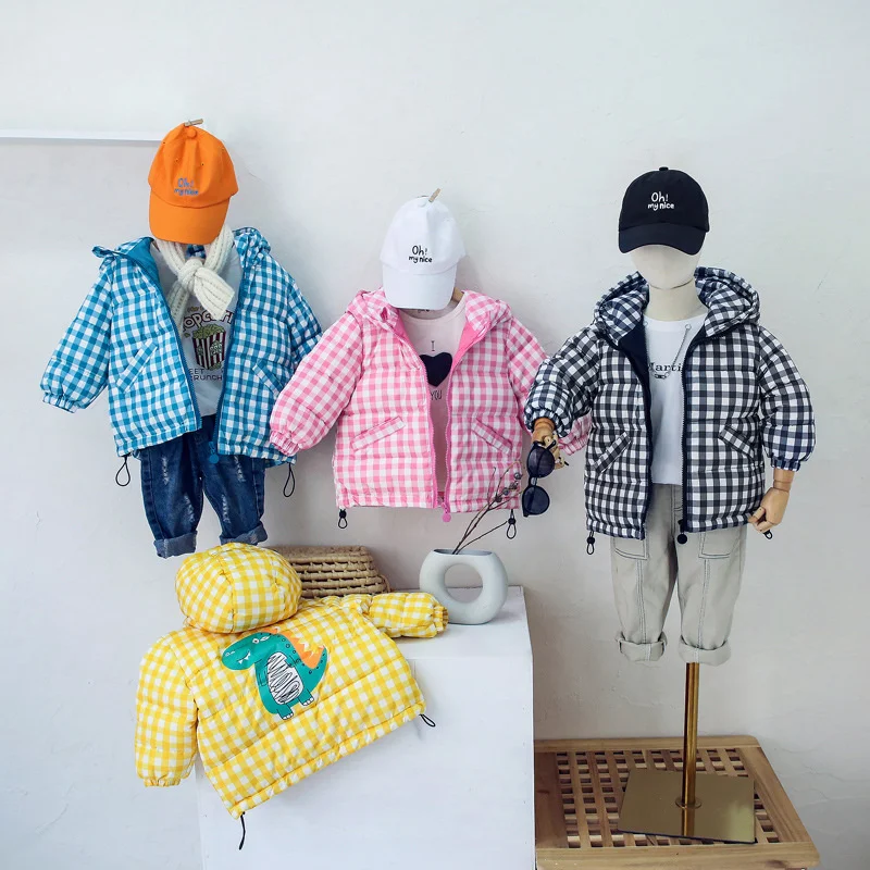 

Year Winter Boy Jacket 1-8 Girl Coat Zipper Hooded Cartoon Pattern Lattice Kids Down Coats New Fashion Girl Jacket Kid Outerwear