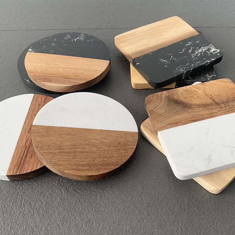 Marble Coaster Wood Stitching Coaster Coffee Tea Coaster Square Round Tea Cup Placemat Home Desktop Decoration Ornament