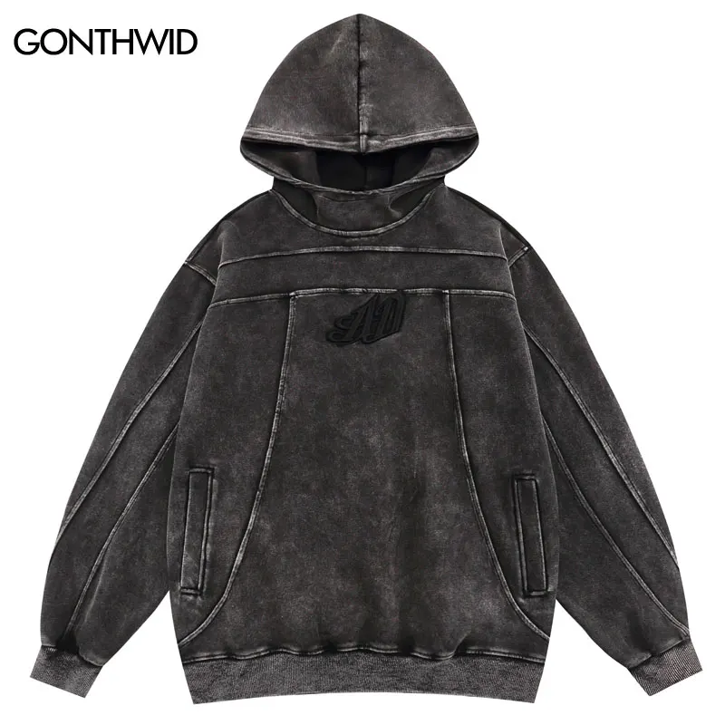 2023 Hip Hop Streetwear Retro Vintage Washed Black Hoodie Sweatshirt Men Embroidery Letter Hoodie Harajuku Hooded Pullover Y2K